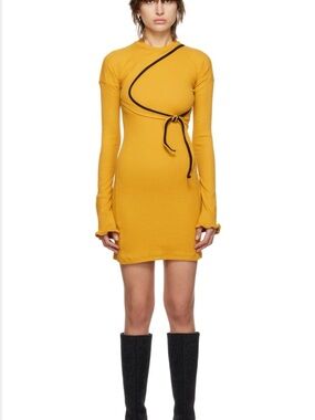 NWOT Ottolinger Mustard Yellow Long-Sleeve Wrap Tie Mini Dress